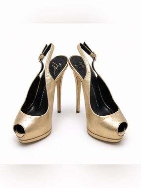 Giuseppe Zanotti Metallic Gold Peep-Toe Slingback Platform Pumps